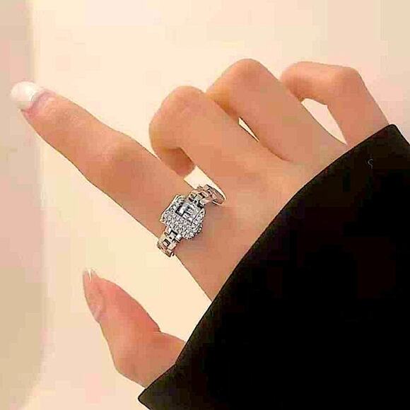 Adjustable Silver Chain Buckle Rhinestone Ring - Picture 5 of 12